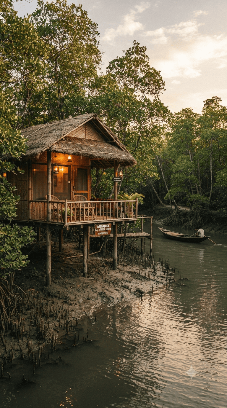 view of an eco-friendly wooden stilt cottage on a riverbank in the Sundarbans mangrove forest, featuring a traditional wooden boat on the water.